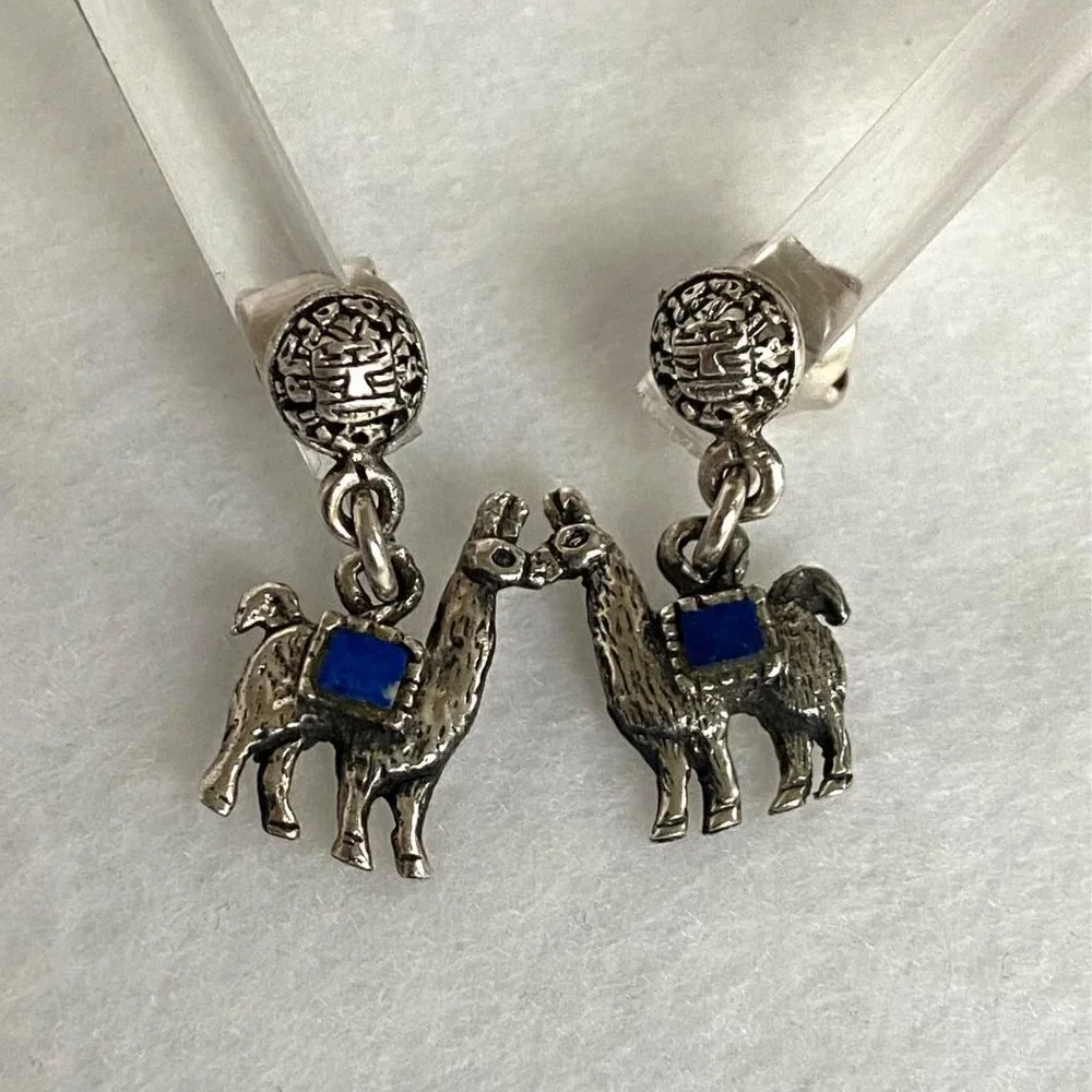 Sterling Silver 925 Southwest Style Llama Alpaca Lapis Dangle Drop Earrings